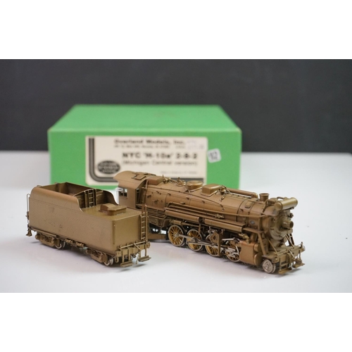 101 - Boxed Overland Models Inc HO gauge 2-8-2 brass locomotive & tender, unpainted, appearing excellent w... 