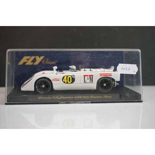 1020 - Six cased Fly Classic slot cars to include C44 Porsche 908 Flunder Calcas decals, C64 Porsche 908/3 ... 