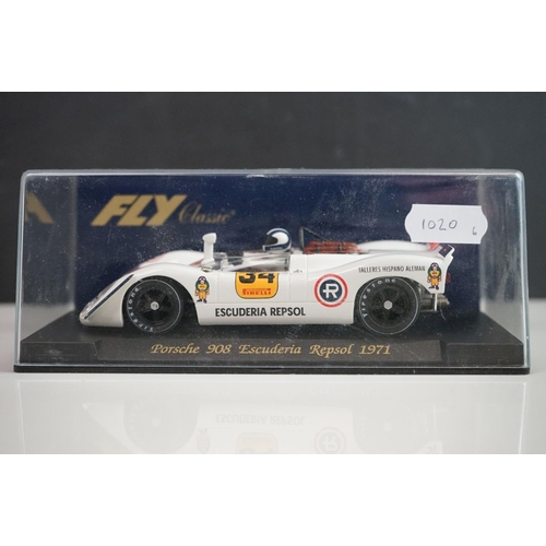 1020 - Six cased Fly Classic slot cars to include C44 Porsche 908 Flunder Calcas decals, C64 Porsche 908/3 ... 