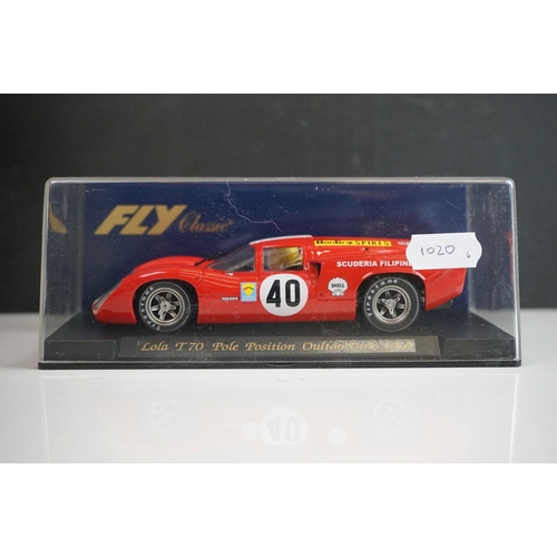 1020 - Six cased Fly Classic slot cars to include C44 Porsche 908 Flunder Calcas decals, C64 Porsche 908/3 ... 