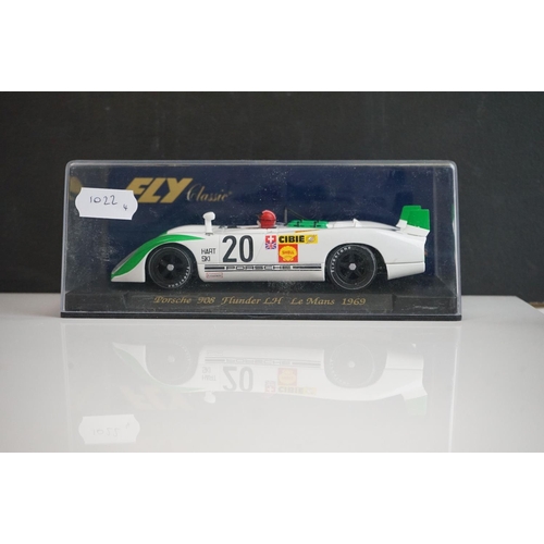 1022 - Four cased Fly Classic slot cars to include C12 Porsche 908 Amarillo, C45 Porsche 908 Flunder Le Man... 