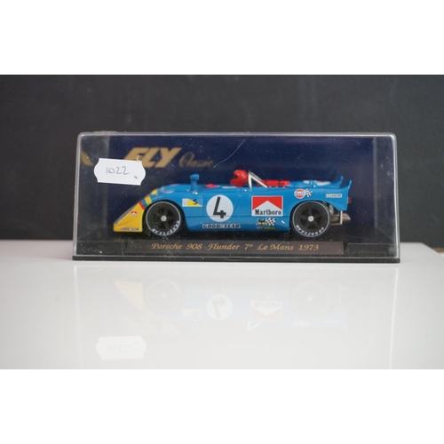 1022 - Four cased Fly Classic slot cars to include C12 Porsche 908 Amarillo, C45 Porsche 908 Flunder Le Man... 