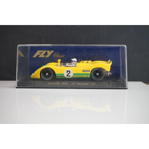 1022 - Four cased Fly Classic slot cars to include C12 Porsche 908 Amarillo, C45 Porsche 908 Flunder Le Man... 