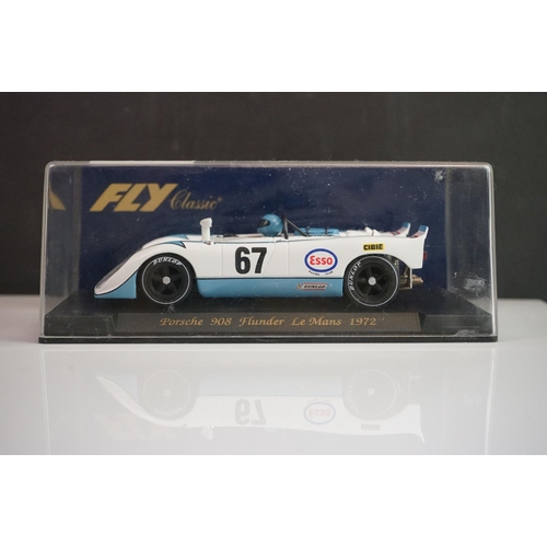 1023 - Four cased Fly Classic slot cars to include C43 Porsche 908 Flunder Le Mans 1972, C41 Flunder Martin... 