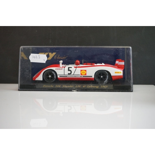 1023 - Four cased Fly Classic slot cars to include C43 Porsche 908 Flunder Le Mans 1972, C41 Flunder Martin... 