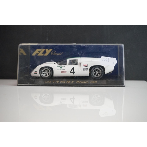 1023 - Four cased Fly Classic slot cars to include C43 Porsche 908 Flunder Le Mans 1972, C41 Flunder Martin... 