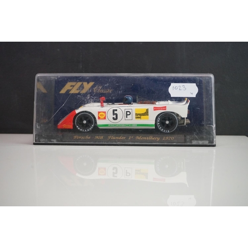 1023 - Four cased Fly Classic slot cars to include C43 Porsche 908 Flunder Le Mans 1972, C41 Flunder Martin... 