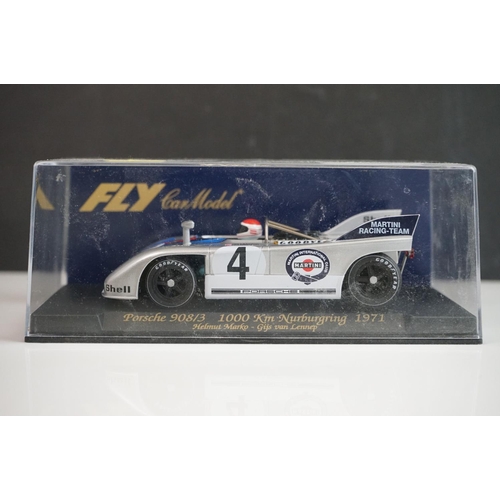 1025 - Six cased Fly Model slot cars to include C63 Porsche 908/3 Nurburgring 1971, 88098 Porsche 908/2 Seb... 