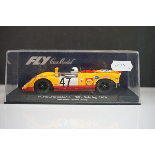 1025 - Six cased Fly Model slot cars to include C63 Porsche 908/3 Nurburgring 1971, 88098 Porsche 908/2 Seb... 