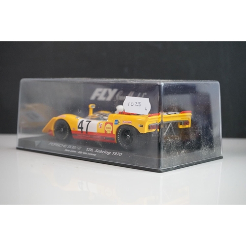 1025 - Six cased Fly Model slot cars to include C63 Porsche 908/3 Nurburgring 1971, 88098 Porsche 908/2 Seb... 