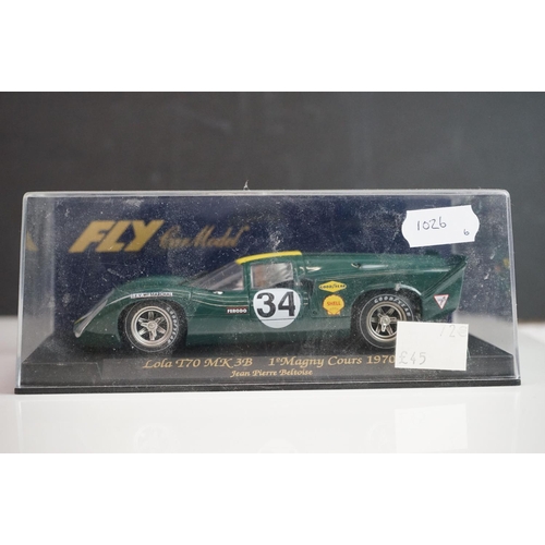 1026 - Six cased Fly Model slot cars to include 88092 Porsche 908/3 6th Watkins Glen 1972 (C-101), C68 Pors... 