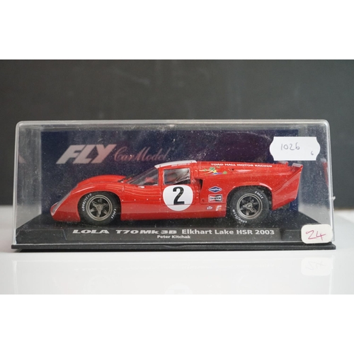 1026 - Six cased Fly Model slot cars to include 88092 Porsche 908/3 6th Watkins Glen 1972 (C-101), C68 Pors... 