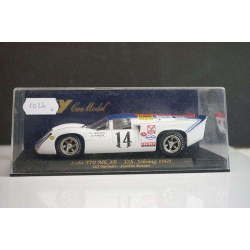 1026 - Six cased Fly Model slot cars to include 88092 Porsche 908/3 6th Watkins Glen 1972 (C-101), C68 Pors... 