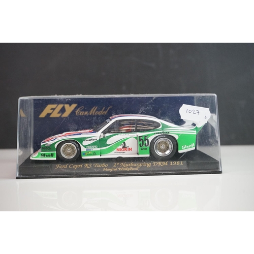 1027 - Six cased Fly Model slot cars to include A142 Ford Capri RS Turbo Nururgring DRM 1981, C66 Porsche 9... 