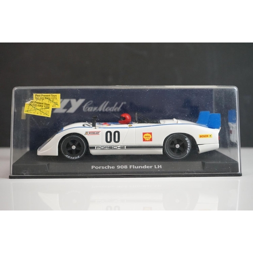 1028 - Six cased Fly Models slot cars to include 88121 Porsche 908 Flunder LH A-412, E141 Ford Capri RS Tur... 