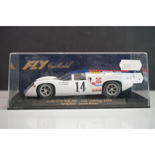 1028 - Six cased Fly Models slot cars to include 88121 Porsche 908 Flunder LH A-412, E141 Ford Capri RS Tur... 