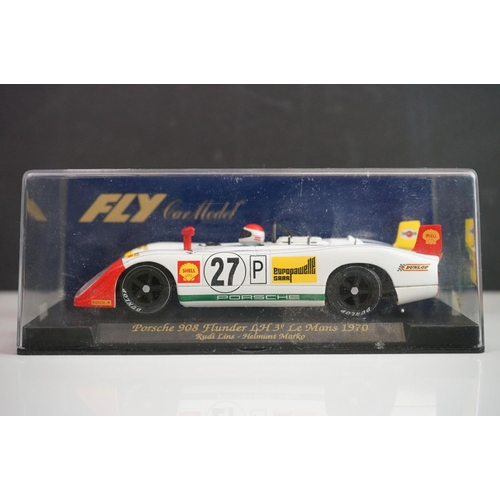 1028 - Six cased Fly Models slot cars to include 88121 Porsche 908 Flunder LH A-412, E141 Ford Capri RS Tur... 