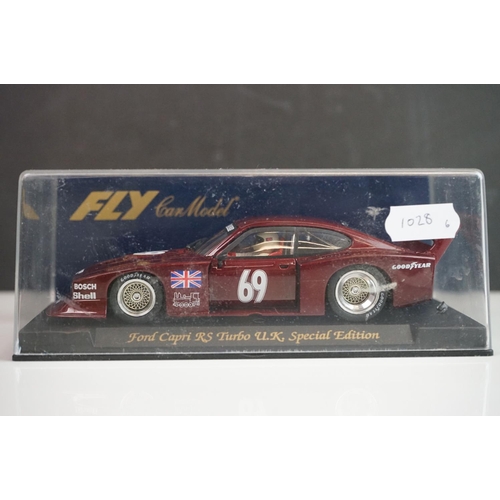 1028 - Six cased Fly Models slot cars to include 88121 Porsche 908 Flunder LH A-412, E141 Ford Capri RS Tur... 