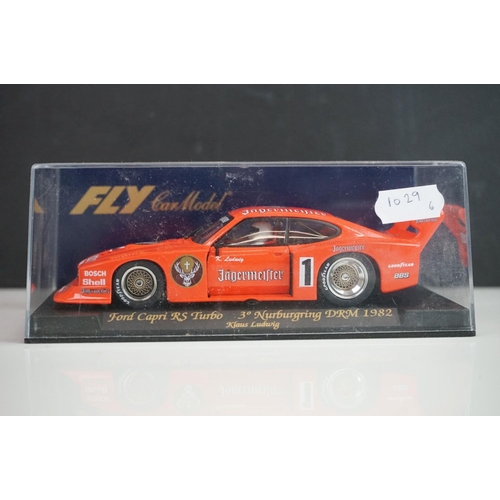 1029 - Six cased Fly Model slot cars to include A145 Ford Capri RS Turbo, A144L Ford Capri RS Turbo 1978, 8... 