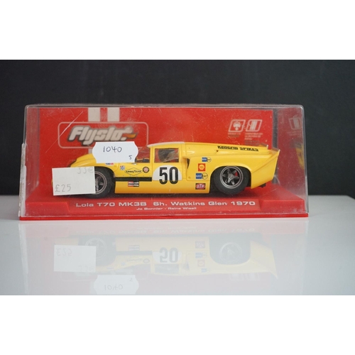 1040 - Five cased / boxed slots cars to include 3 x Flyslot (705101 Lola Y70 mk3B, 702103 Doran JE4 24H Day... 