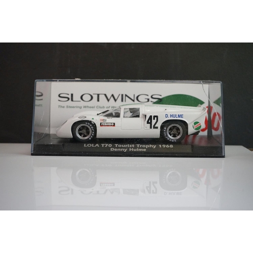 1041 - Five cased slot cars to include 3 x Slotwings (Lola T70 H Le Mans 1970 Ormes / Prophet, Lola T70 Tou... 