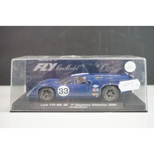 1042 - Six cased Fly slot cars to include Porsche 908 Zeltweg 70, Lola T70 mk 3B Daytona Historics 2000, Lo... 