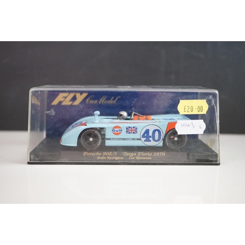 1042 - Six cased Fly slot cars to include Porsche 908 Zeltweg 70, Lola T70 mk 3B Daytona Historics 2000, Lo... 