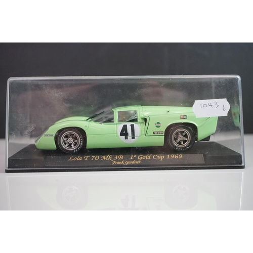 1042 - Six cased Fly slot cars to include Porsche 908 Zeltweg 70, Lola T70 mk 3B Daytona Historics 2000, Lo... 