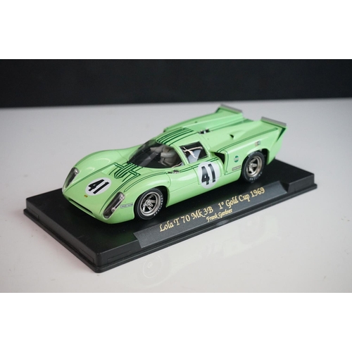 1042 - Six cased Fly slot cars to include Porsche 908 Zeltweg 70, Lola T70 mk 3B Daytona Historics 2000, Lo... 