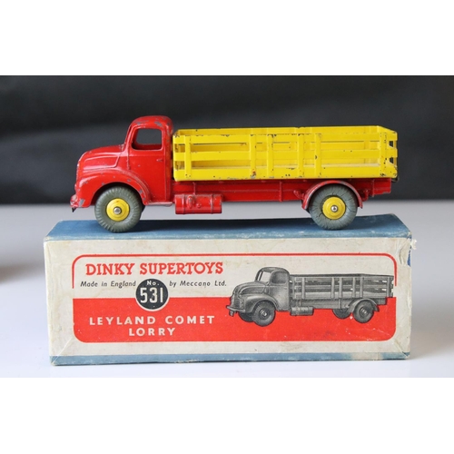 1051 - Two boxed Dinky Supertoys 531 Leyland Comet Lorry both with yellow trucks, one with blue can & red h... 