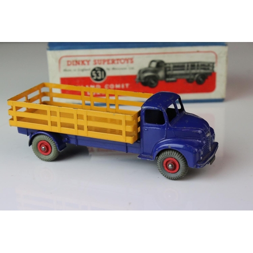 1051 - Two boxed Dinky Supertoys 531 Leyland Comet Lorry both with yellow trucks, one with blue can & red h... 