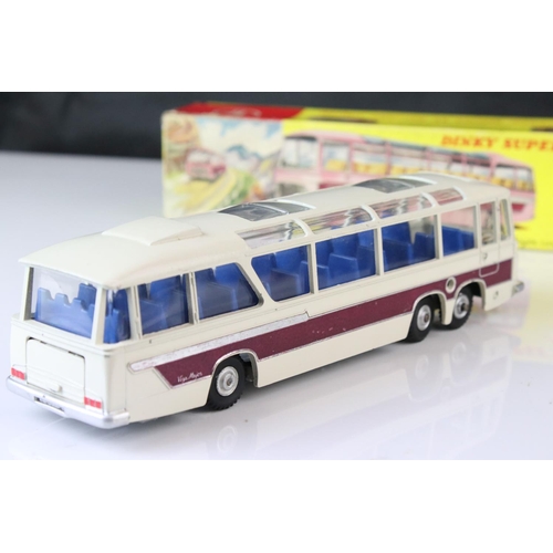 1067 - Boxed Dinky 952 Vega Major Luxury Coach diecast model in off white with purple stripes, light wear b... 