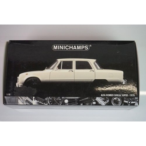 1124 - Boxed Pauls Model Art Minichamps 1:18 Alfa Romeo Guilia Super 1970 in white diecast model contained ... 