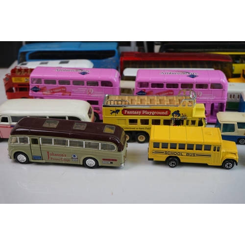 1147 - 22 x Playworn diecast buses featuring NZG, Matchbox, Majorette, Lledo, etc