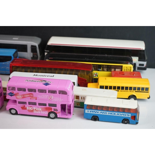 1147 - 22 x Playworn diecast buses featuring NZG, Matchbox, Majorette, Lledo, etc