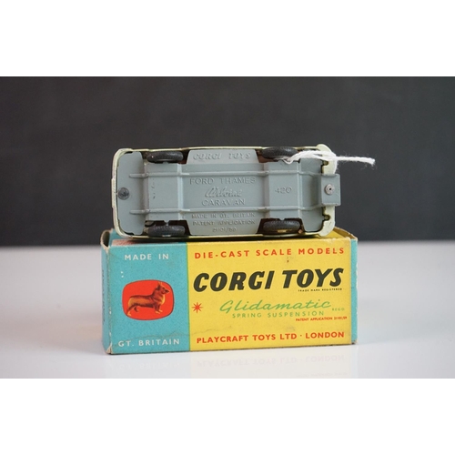 1167 - Boxed Corgi 420 Ford Thames Airborne Caravan diecast model in two tone dark green and cream, diecast... 