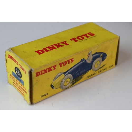 1181 - Five boxed Dinky diecast racing cars to include 23H Ferrari in blue, 23N Masserati in red, 23J HWM i... 