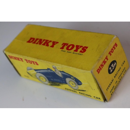 1181 - Five boxed Dinky diecast racing cars to include 23H Ferrari in blue, 23N Masserati in red, 23J HWM i... 