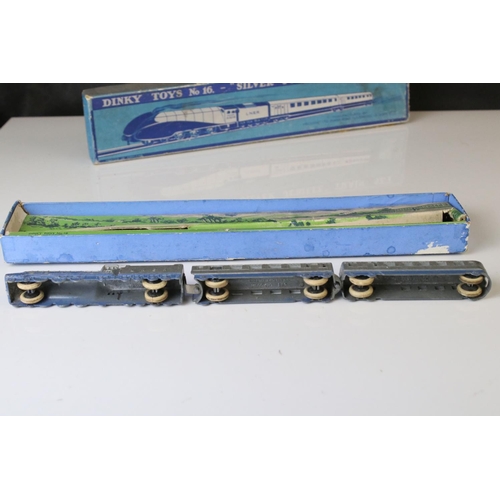 1187 - Boxed Dinky No 16 Silver Jubilee Train Set with inner display, play worn, tatty box with part missin... 