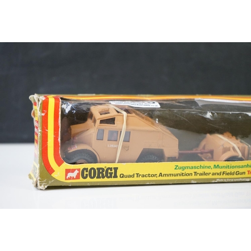 1290 - Boxed Corgi 909 Quad Tractor, Ammunition Trailer and Field Gun diecast model set, diecats gd with so... 