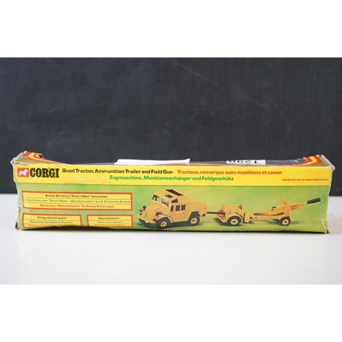 1290 - Boxed Corgi 909 Quad Tractor, Ammunition Trailer and Field Gun diecast model set, diecats gd with so... 