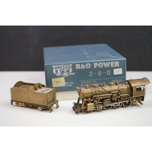 202 - Boxed United Scale Models HO gauge B&O Power 2-8-0 brass locomotive, unpainted, exclusively for Paci... 