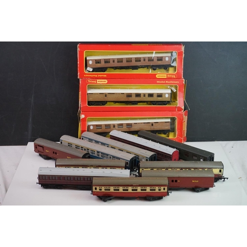 330 - Three boxed Triang Hornby OO gauge coaches (tatty boxes) plus 10 x items of OO gauge rolling stock t... 