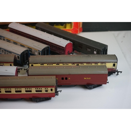 330 - Three boxed Triang Hornby OO gauge coaches (tatty boxes) plus 10 x items of OO gauge rolling stock t... 