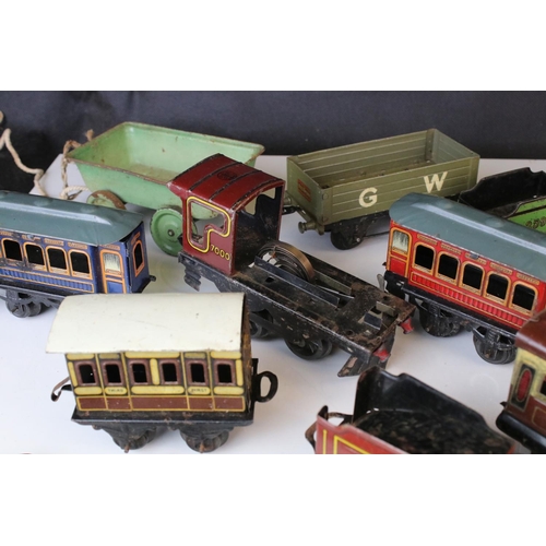 333 - 10 Items of O gauge tin plate rolling stock to include Hornby and Brimtoy plus a part engine