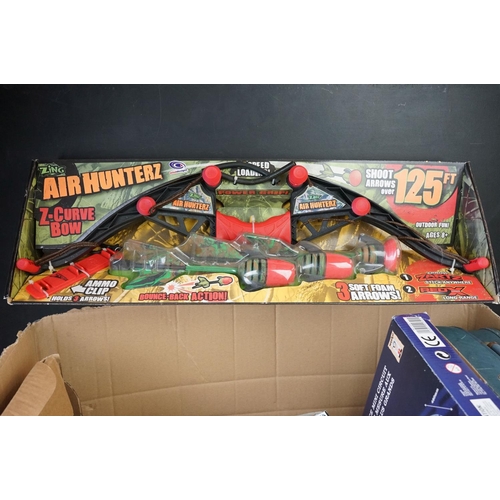 483 - Quantity of toys to include MB Robotix R1000 Basic Set, Zing Air Hunterz Z-Curve Bow, Super Soccer e... 