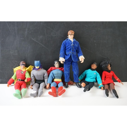 499 - Five playworn Mego action figures to include Batman, Robin, Batman, Superman and Uhura, grubby cloth... 