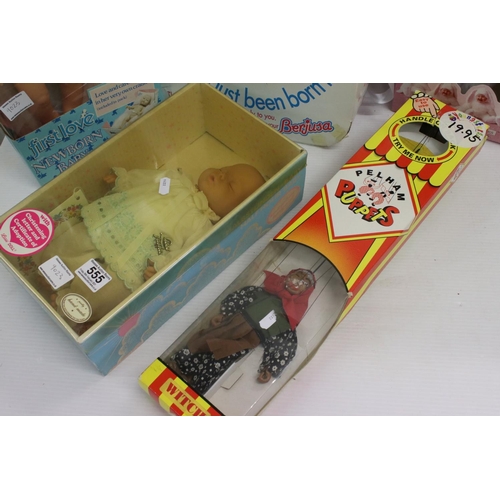 555 - Boxed Pelham Pupper Witch plus 4 x boxed plastic dolls to include Pedigree First Love Newborn Baby, ... 