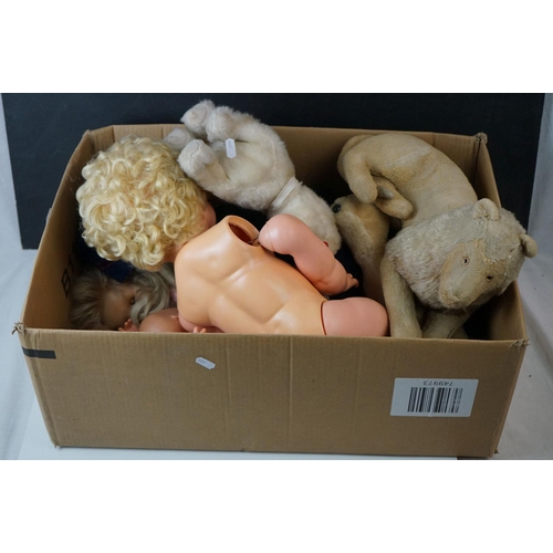 566 - Group of mid to late 20th C plastic dolls and soft toy animals to include Zapf Creation baby, straw ... 