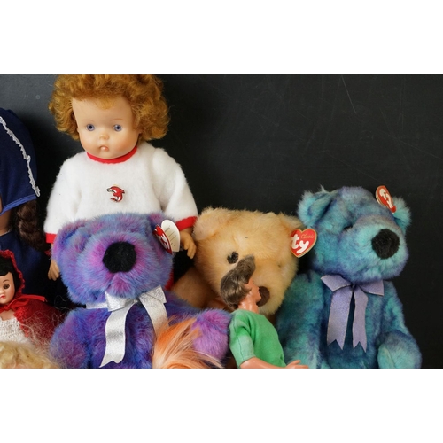 568 - Collection of various plastic dolls and soft toys to include Ty, mid 20th C celluloid dolls, Mattel ... 